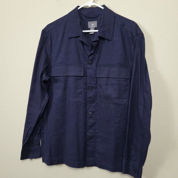 H&M Men's M Long Sleeve Button Up Dark Blue Regular Fit Pocket Front Linen Blend - Picture 1 of 6